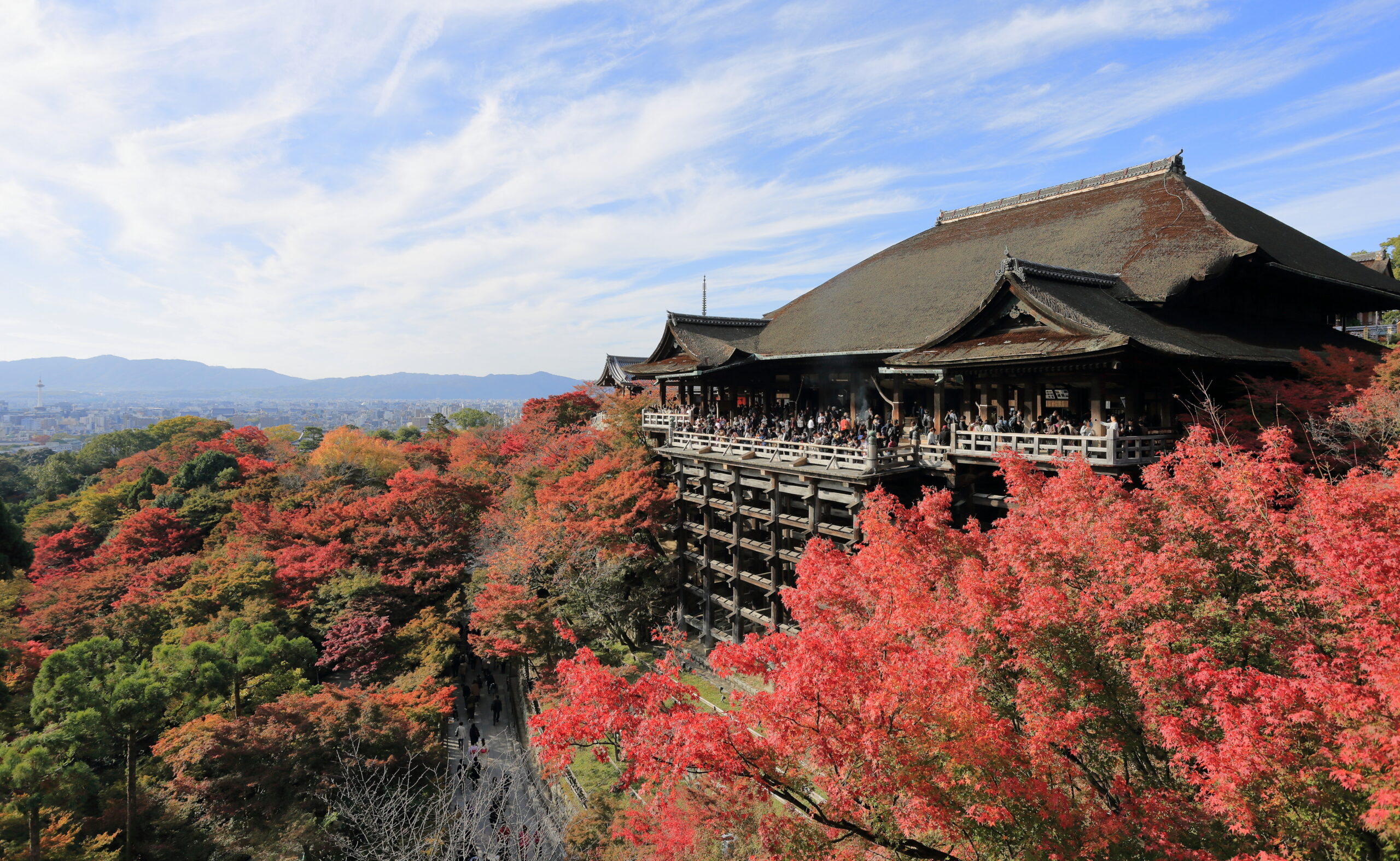 Kiyomizu-dera wooden stage terrace over Kyoto in autumn