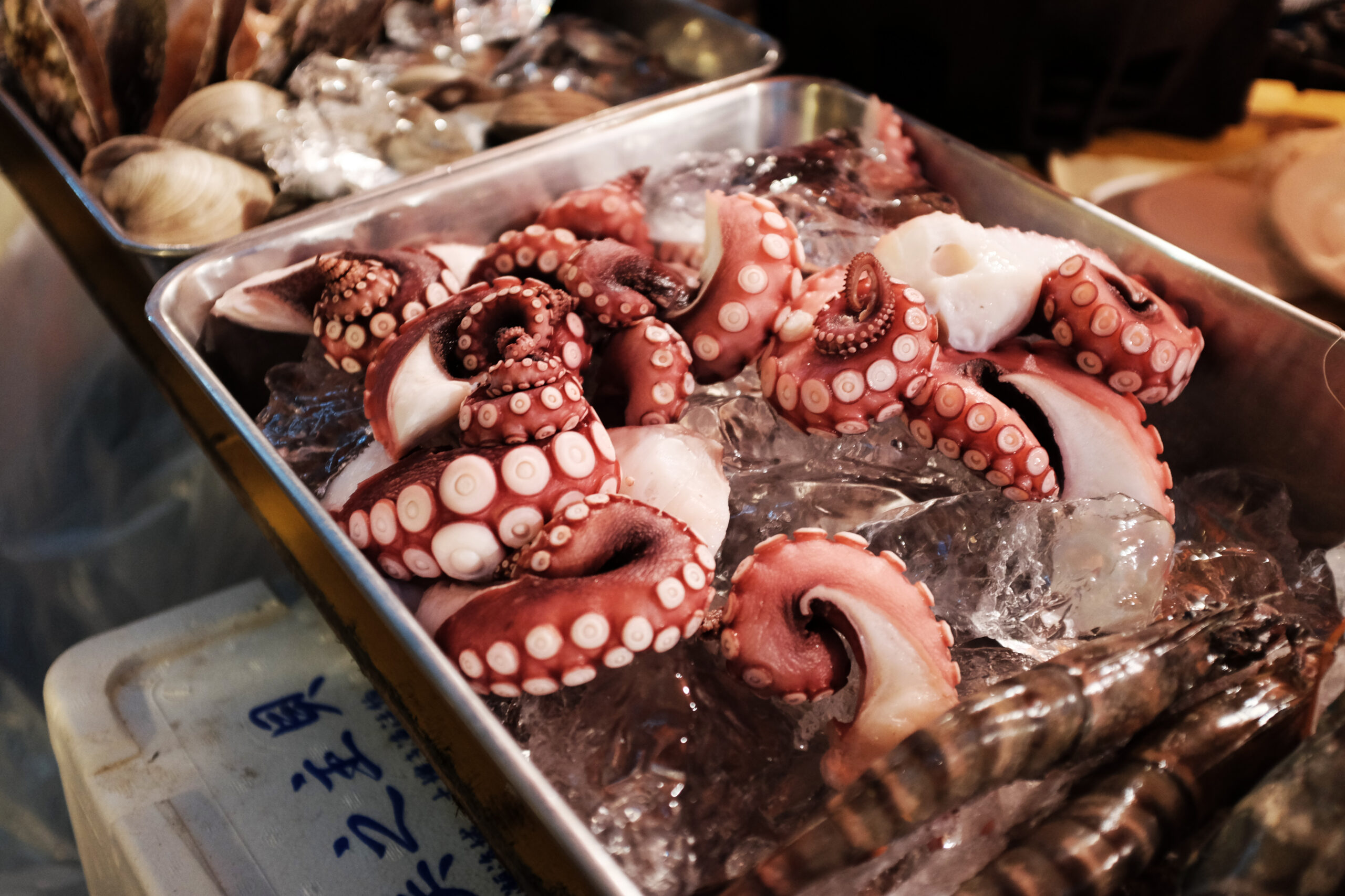 Seafood market stalls Japan Tsukiji area
