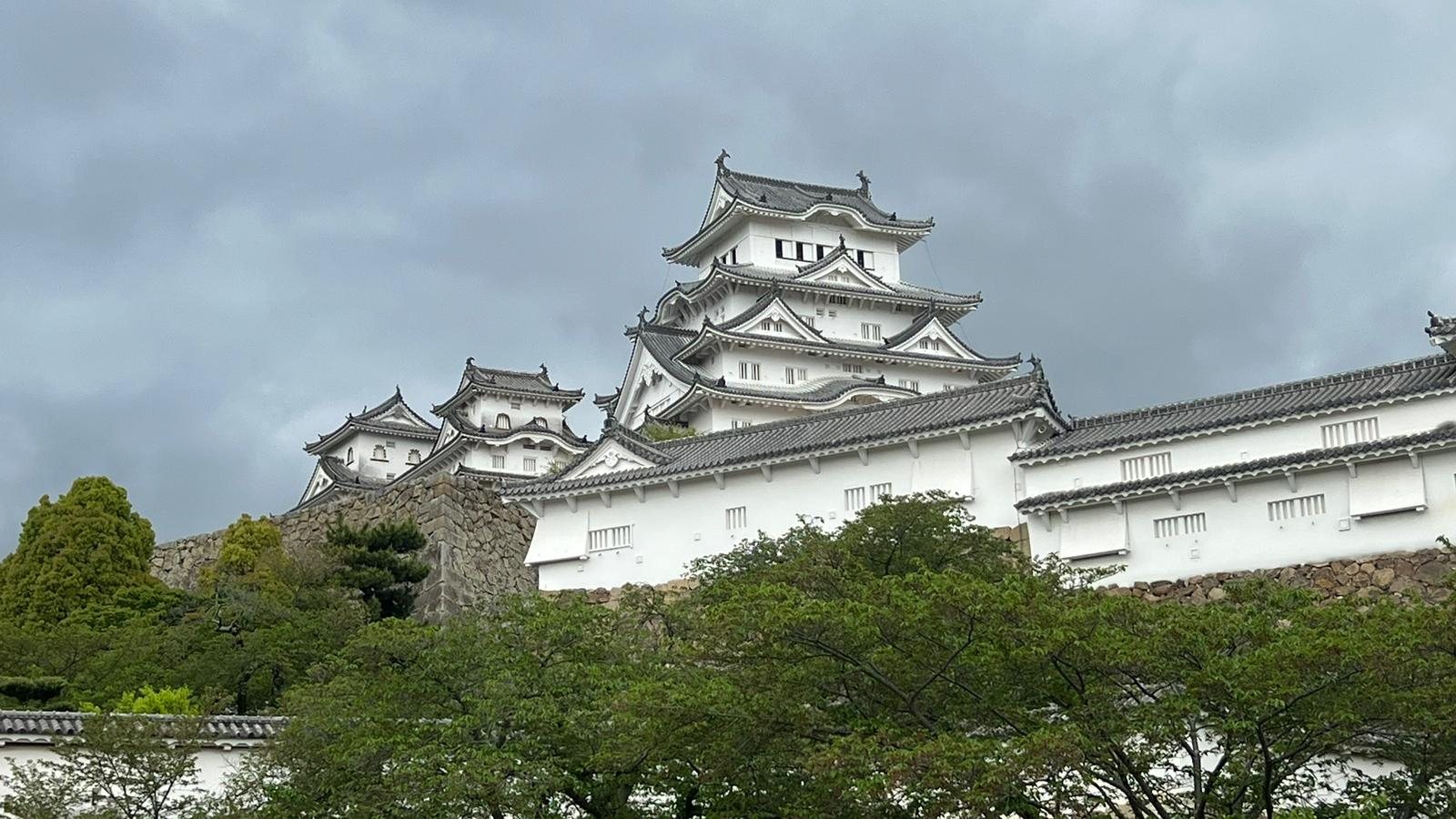 Himeji Castle full view across green trees, Japan's White Heron Castle